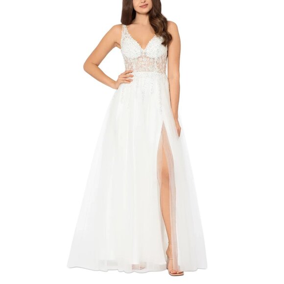 BLONDIE NITES Womens Rhinestone Sleeveless V Neck Ivory Gown Dress Size 0 - Picture 1 of 3